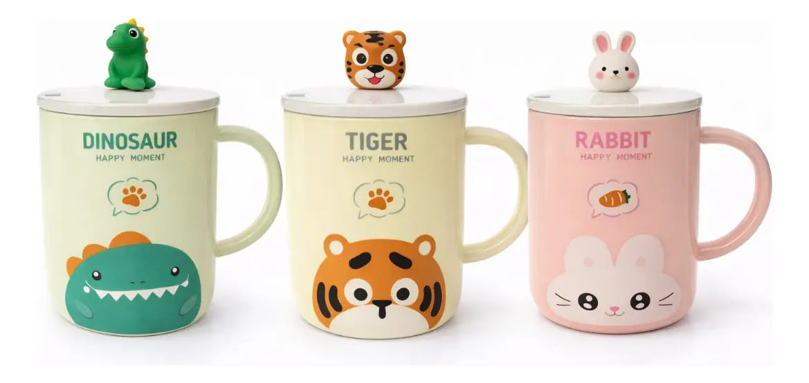 Taza Con Tapa Decorativa De Animales 380ml Marca Lluvia