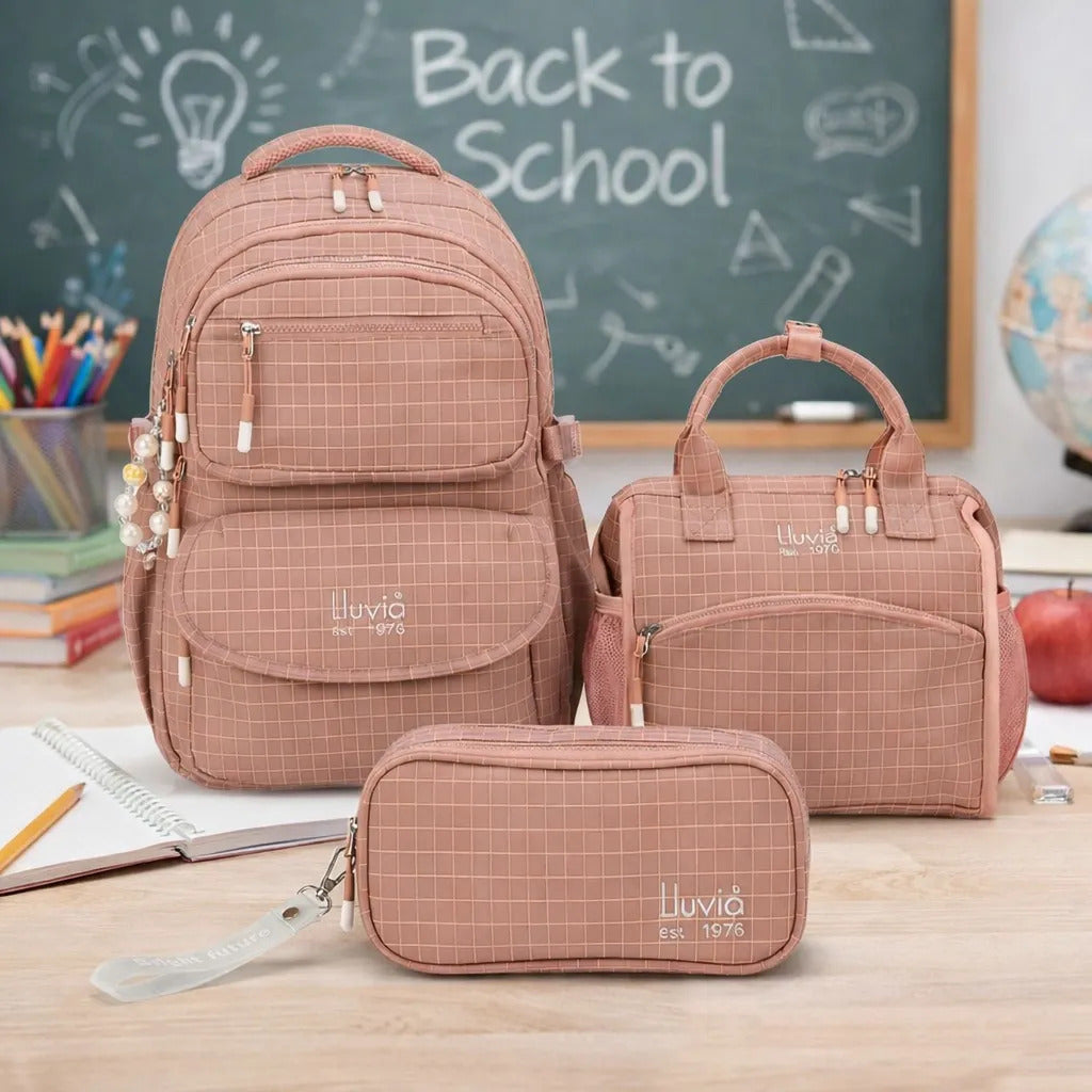 Set 3 Piezas Lluvia Rosa Cuadros Mochila Lonchera Lapicera