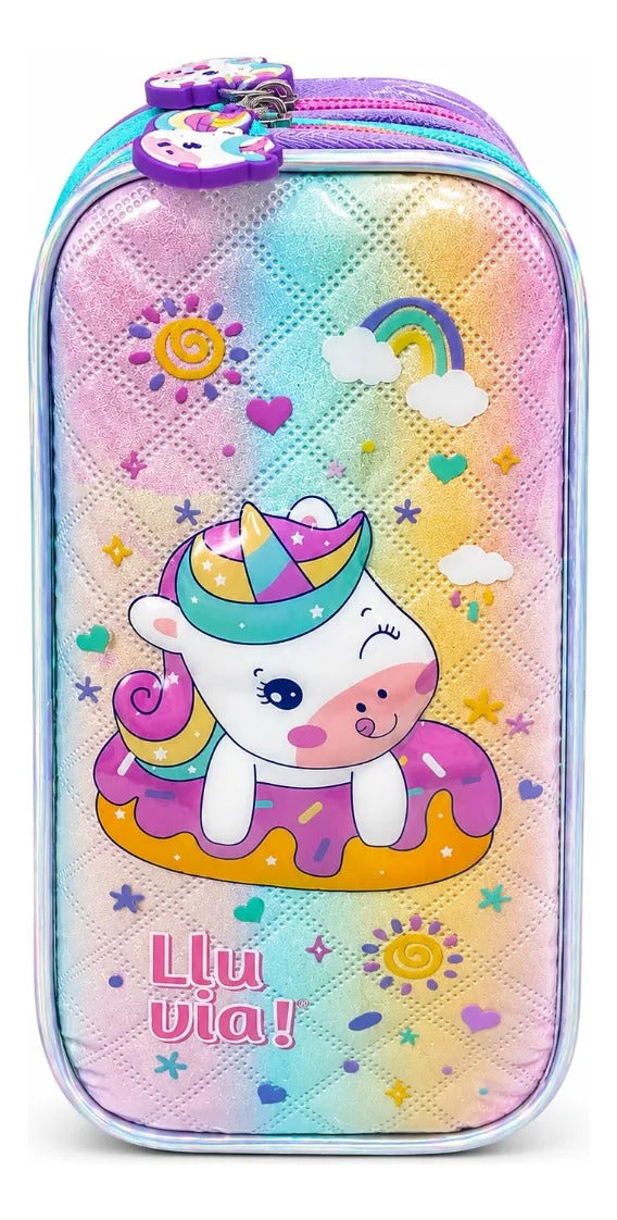 Set Tres Piezas Lluvia Unicornio Lila Con Lonchera Lapicera