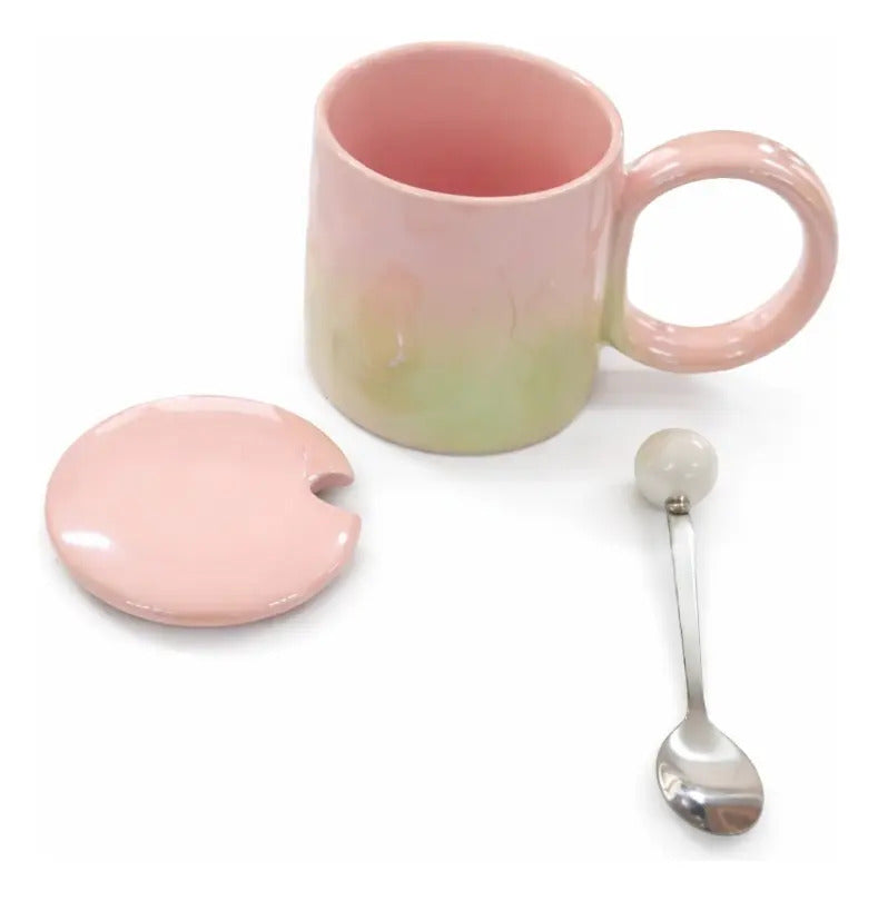Taza Tornasol De Cerámica Con Tapa Y Cuchara Metalica 380 Ml