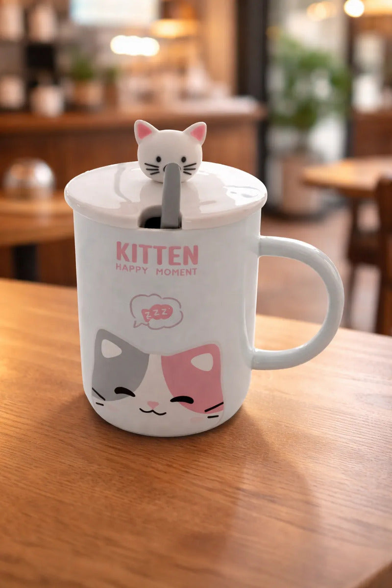 Taza Con Tapa Decorativa De Animales 380ml Marca Lluvia