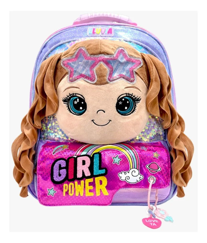 Set Escolar Lluvia Tres Piezas Con Muñeca 3d Y Lentejuela