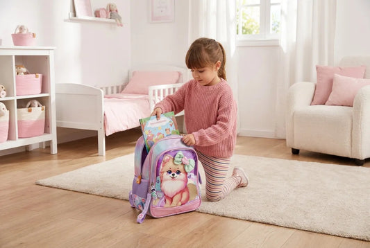 Mochila Escolar Lluvia Rosa Tornasol Perrita Pomerania