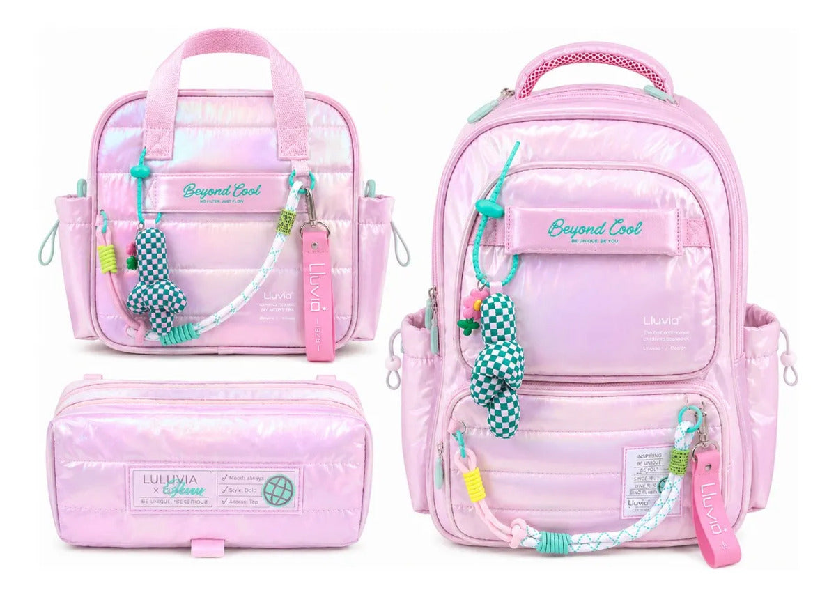 Set Escolar Lluvia Rosa Tornasol Súper Brillante Tres Piezas