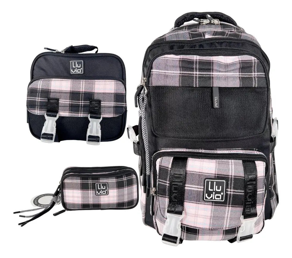 Mochila Primaria 3 Piezas Marca Lluvia Cuadros Negros
