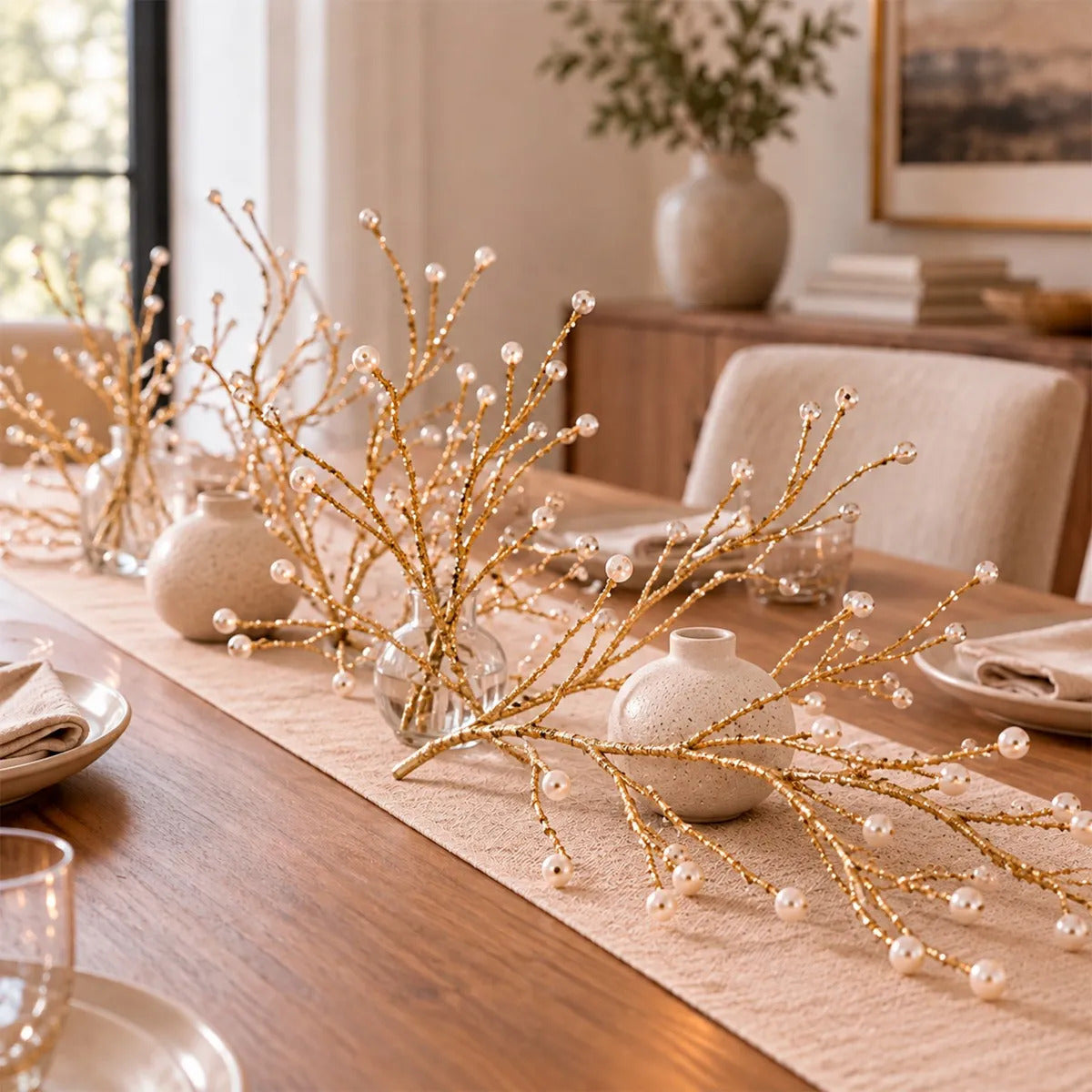 Rama Decorativa Lluvia Champagne Oro con Perlas 78cm
