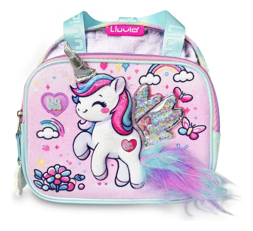 Set Escolar Lluvia Lila Unicornio Arcoiris 3D y Monedero