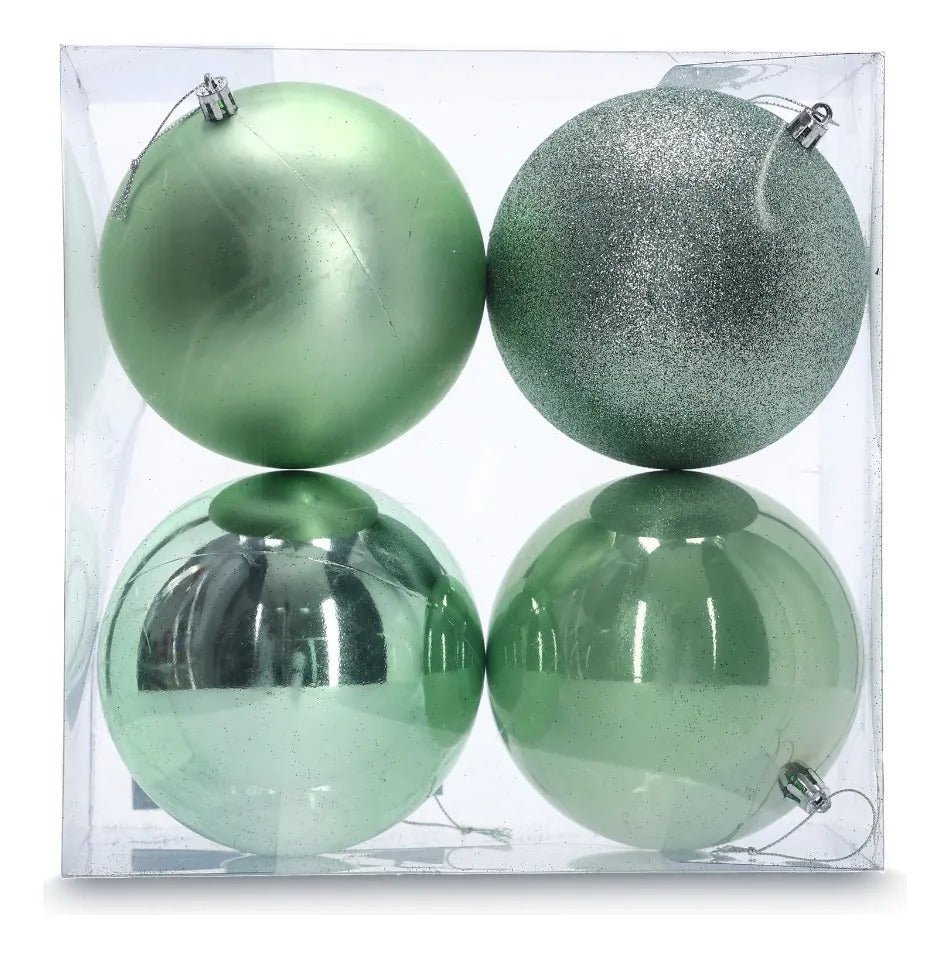 Set De Esferas Lluvia Verde Menta 12 Cm Acabados Surtidos