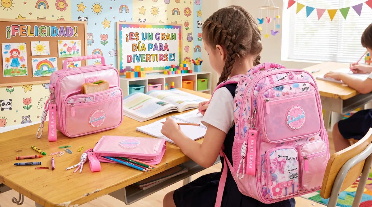 Set Mochila Lluvia Girl Rosa Satinada Con Bolsillo Antirrobo