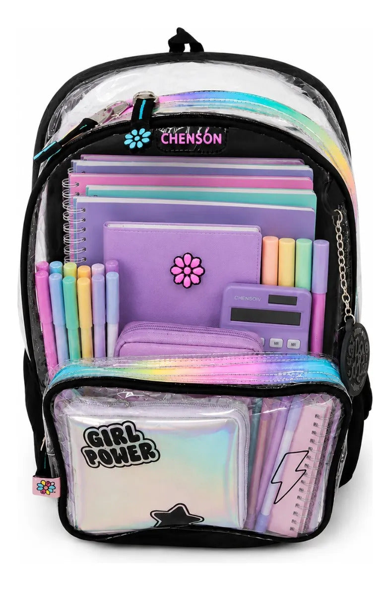 Mochila Escolar Chenson Happy Girl Negra Frente Transparente