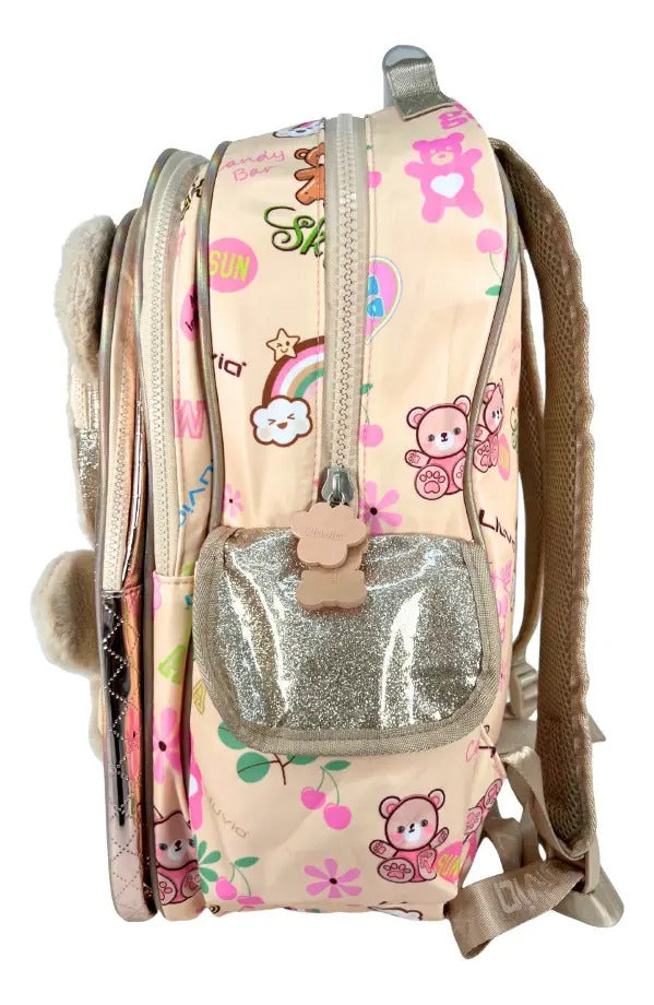 Mochila Primaria Marca Lluvia Osita Café Peluche
