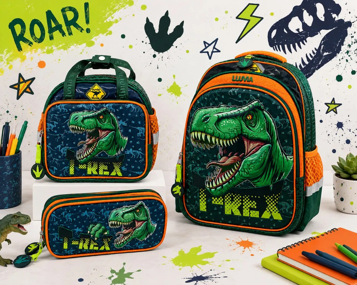 Set De Mochila Primaria Lluvia T Rex Tres Piezas Dinosaurio