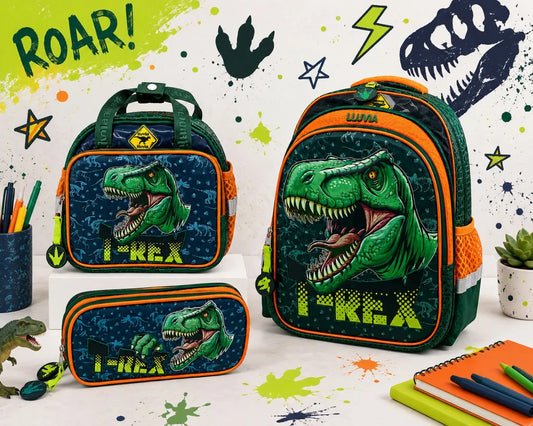 Set De Mochila Primaria Lluvia T Rex Tres Piezas Dinosaurio