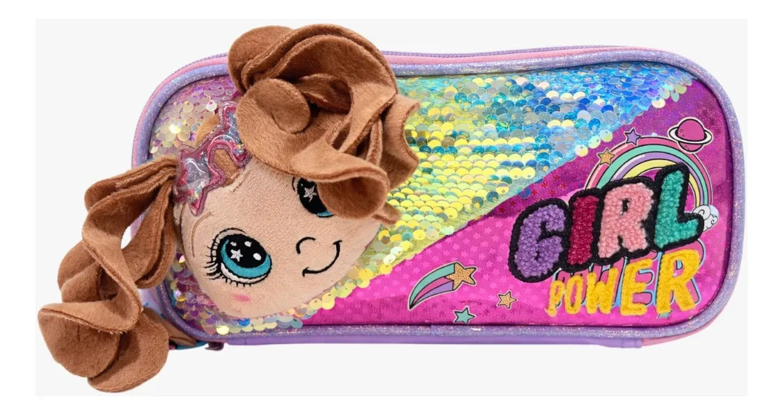 Set Escolar Lluvia Tres Piezas Con Muñeca 3d Y Lentejuela