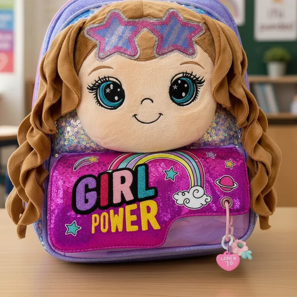 Mochila Lluvia Girl Power Con Muñeca Y Lentejuela Reversible