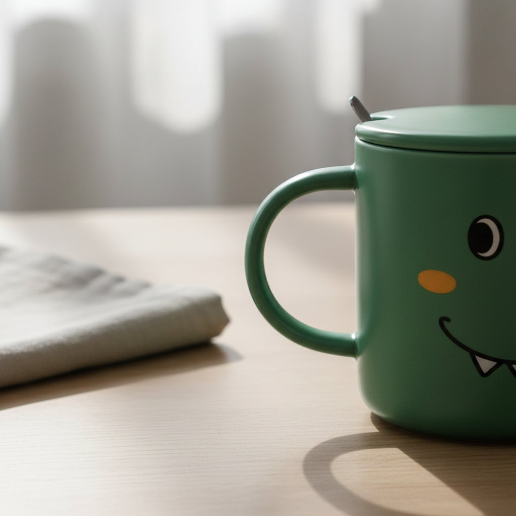 Taza Kawaii Dinosaurio Colores Rosa Verde Y Amarillo 350 Ml