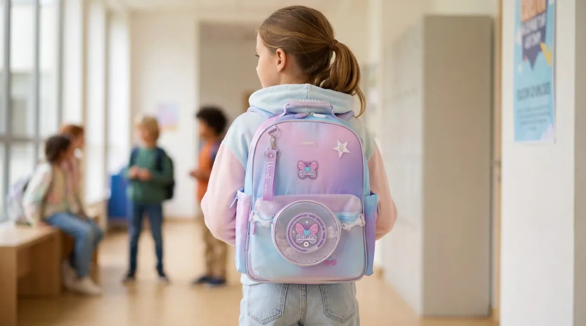 Mochila Juvenil Lluvia Lila Difuminado Con Bolsita Incluida