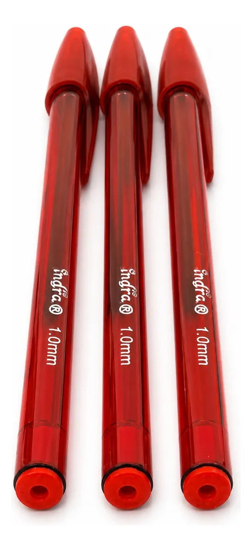 Plumas Indra Escolar Tinta Roja Punto Medio 1.0 Mm 50 Piezas