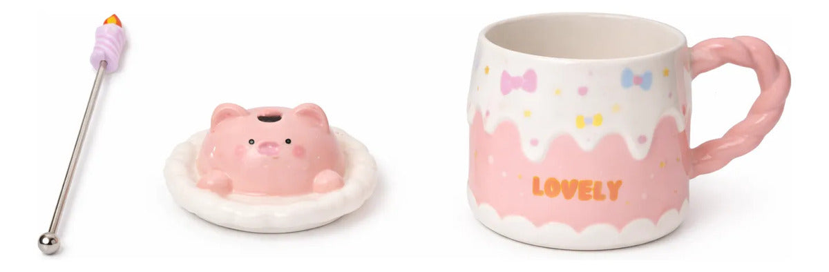 Taza Kitten Y Bunny De Cerámica Con Tapa Y Aguitador 400 Ml