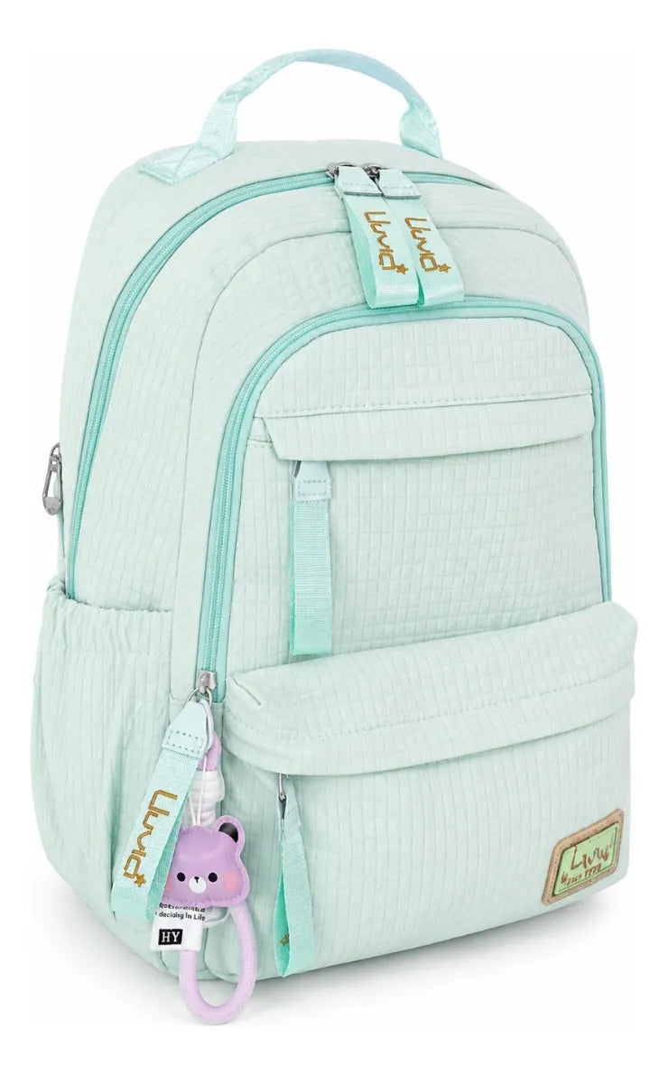 Mochila Juvenil Lluvia Diseño Cuadriculado Verde Menta