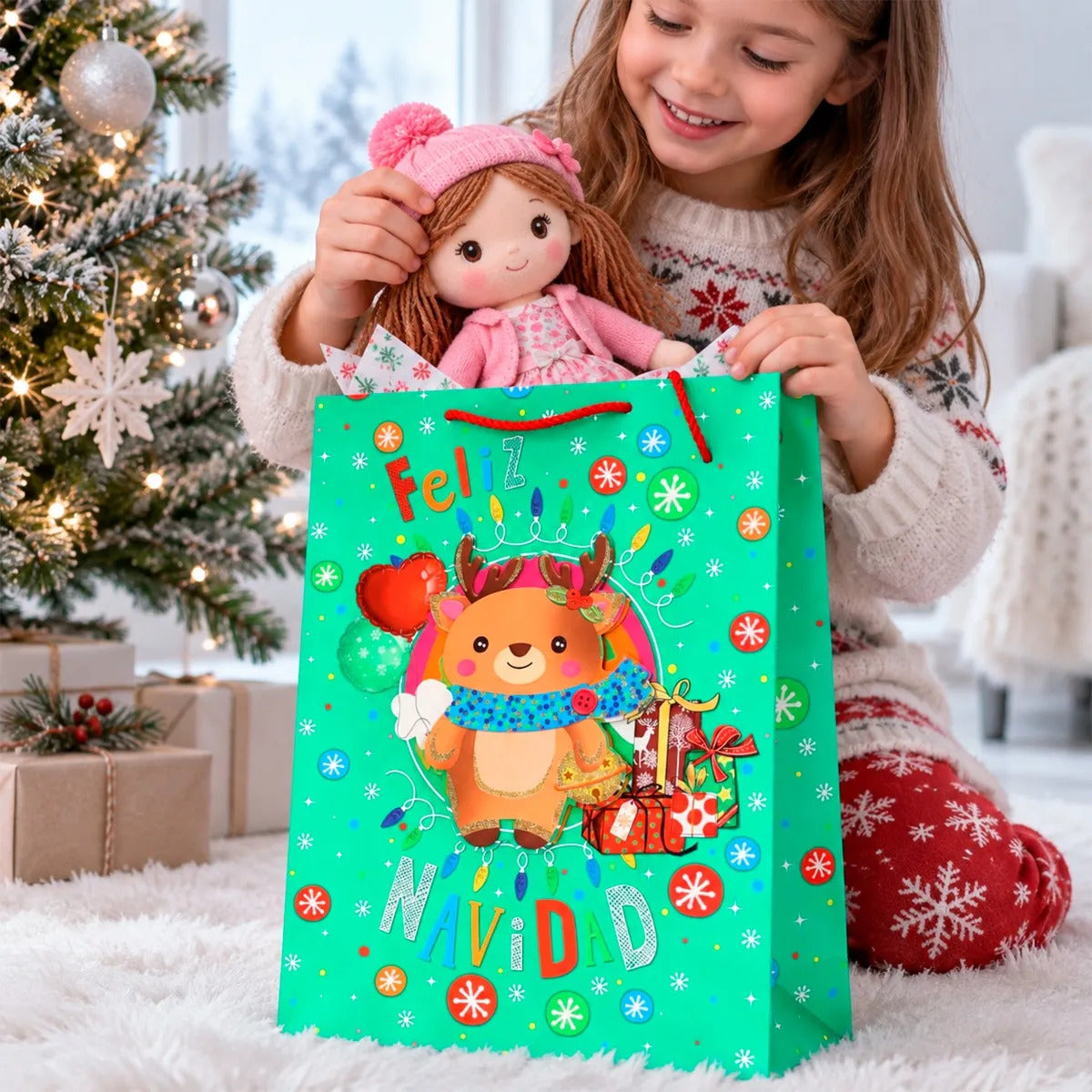 Bolsas de Regalo Navideñas Lluvia 3D Glitter Dorado 12 Pzas