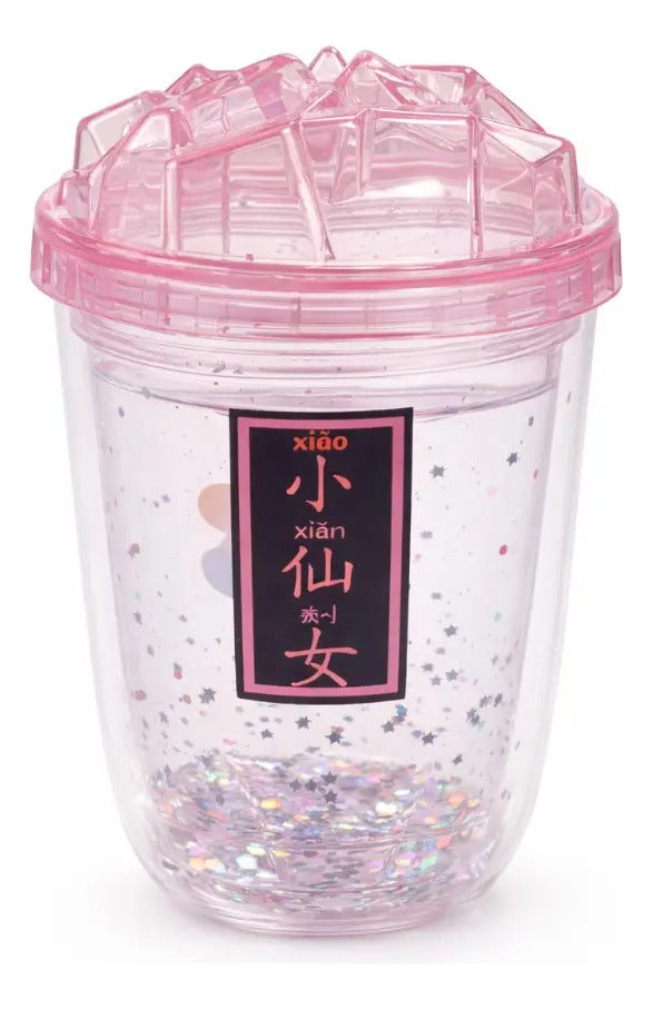 Vaso 450 Ml Con Glitter Suelto Tapa Hielo Diseño Creativo