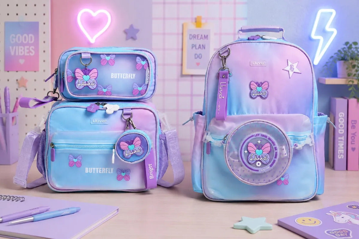 Set Mochila Primaria Mariposas Tornasol Lila Tres Piezas