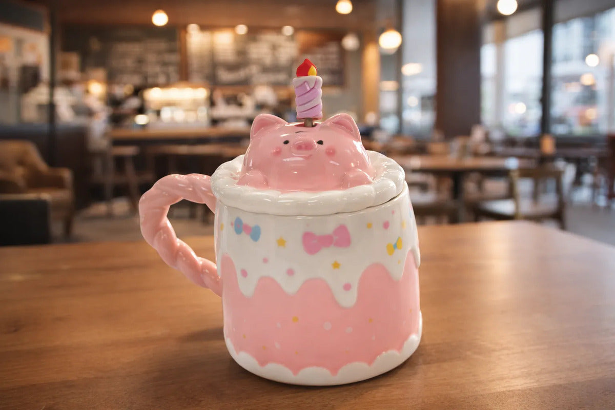 Taza Kitten Y Bunny De Cerámica Con Tapa Y Aguitador 400 Ml