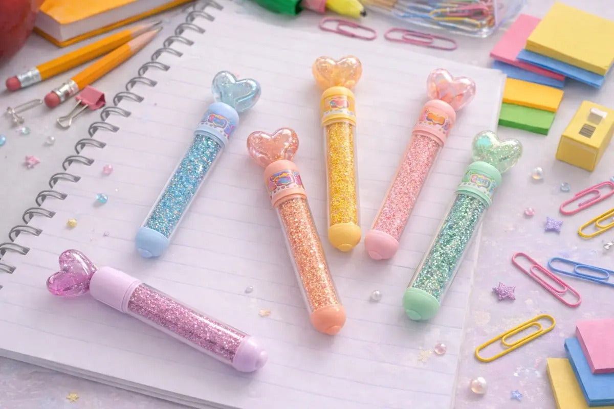 Marcatextos Kawaii 6 Piezas Gliter Kawaii Diseño De Corazón