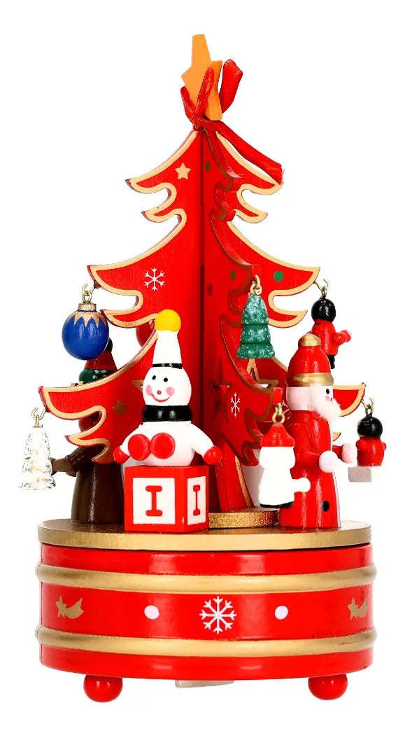 Carrusel Navideño Musical De Madera Rojo Con Árbol 22 cm