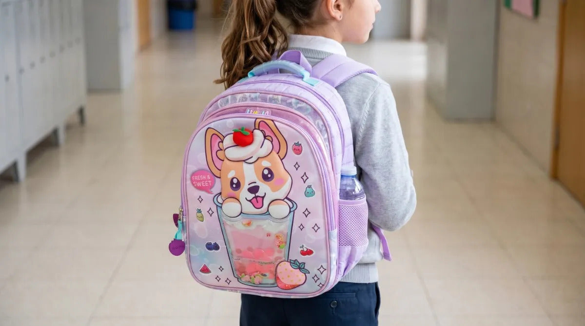 Mochila Lluvia Perrito 3d Vaso Tapioca Color Lila Acolchada