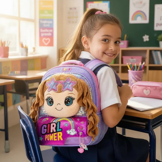 Mochila Lluvia Girl Power Con Muñeca Y Lentejuela Reversible
