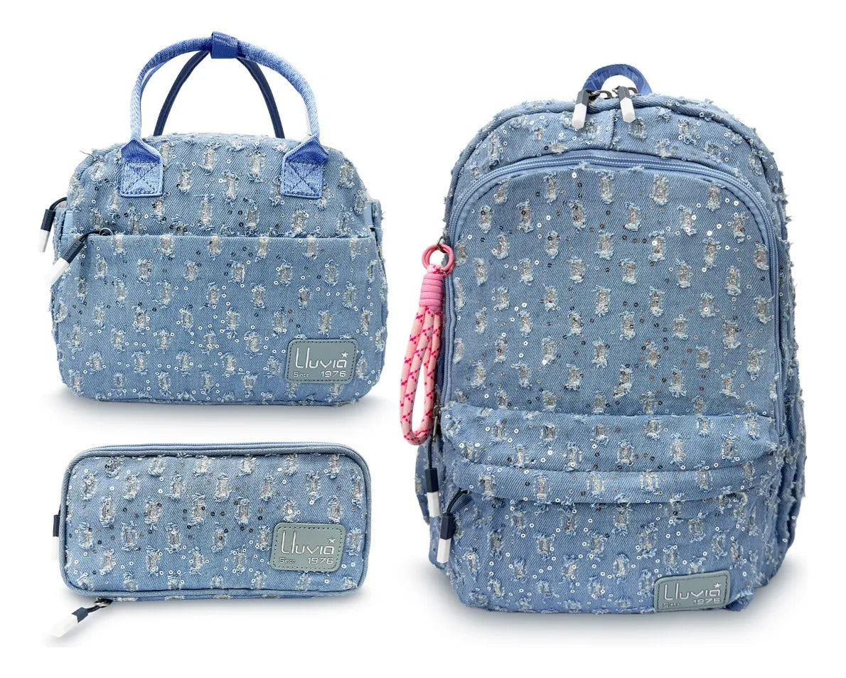Set Escolar Lluvia Azul de 3 Pzas con Lentejuelas