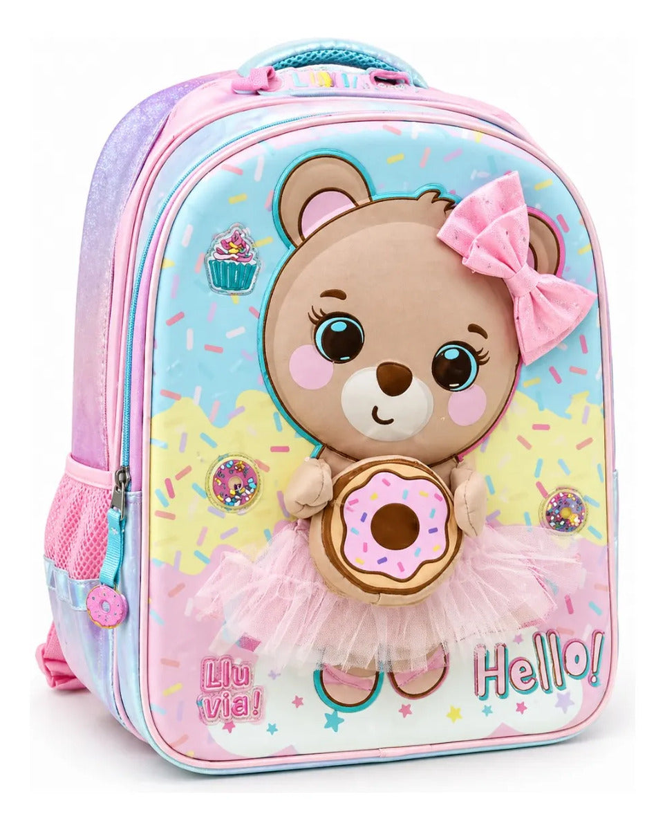 Mochila Escolar Lluvia Con Osita Glitter Y Monedero 3d