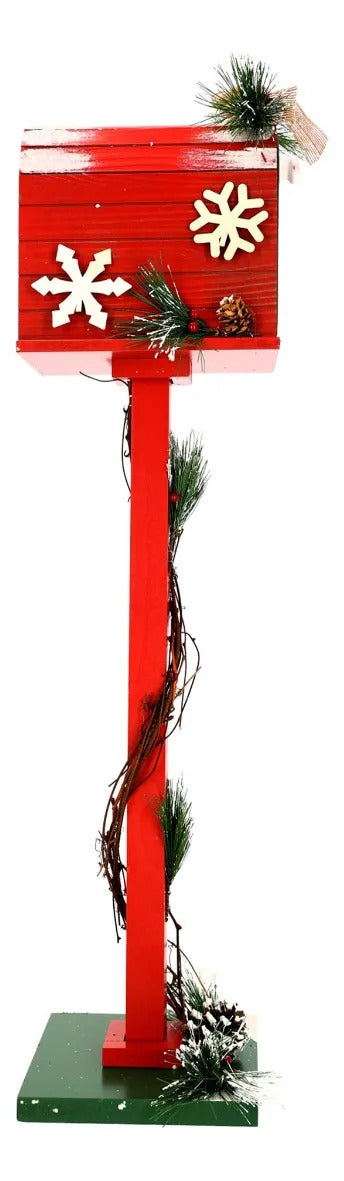 Buzón Navideño De Madera Rojo Con Pino Nevado 77 Cm