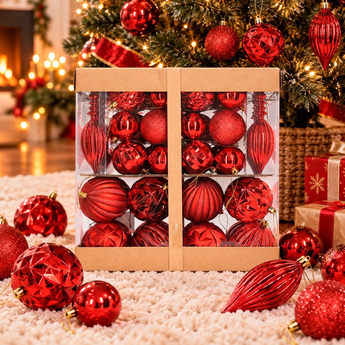Set Esferas Navideñas lluvia Rojo Rubí 58 Piezas Variadas