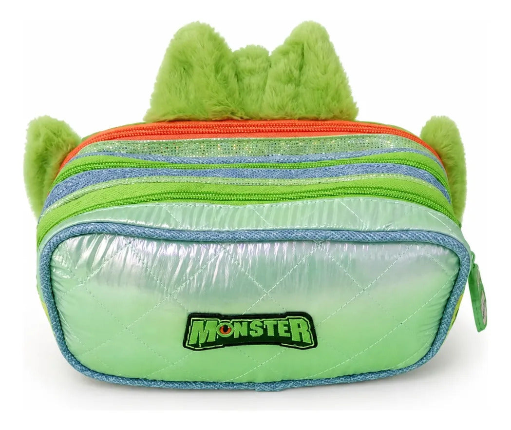 Lapicera Escolar Monster Afelpada Triple Cierre Color Verde
