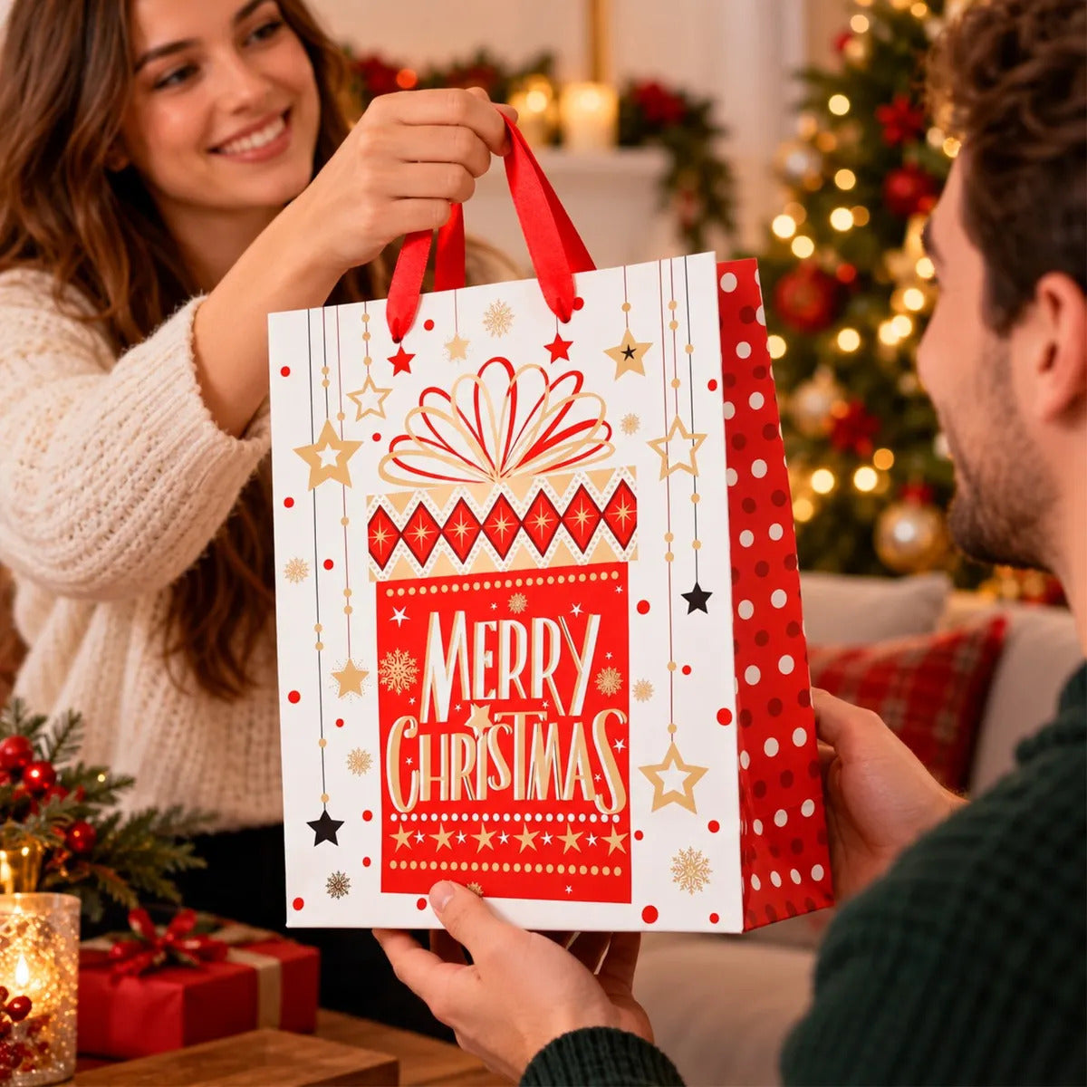 Bolsas de Regalo Navideñas Lluvia Rojas Toques Oro 12 Pzas