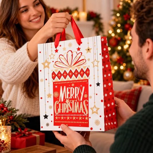 Bolsas de Regalo Navideñas Lluvia Rojas Toques Oro 12 Pzas