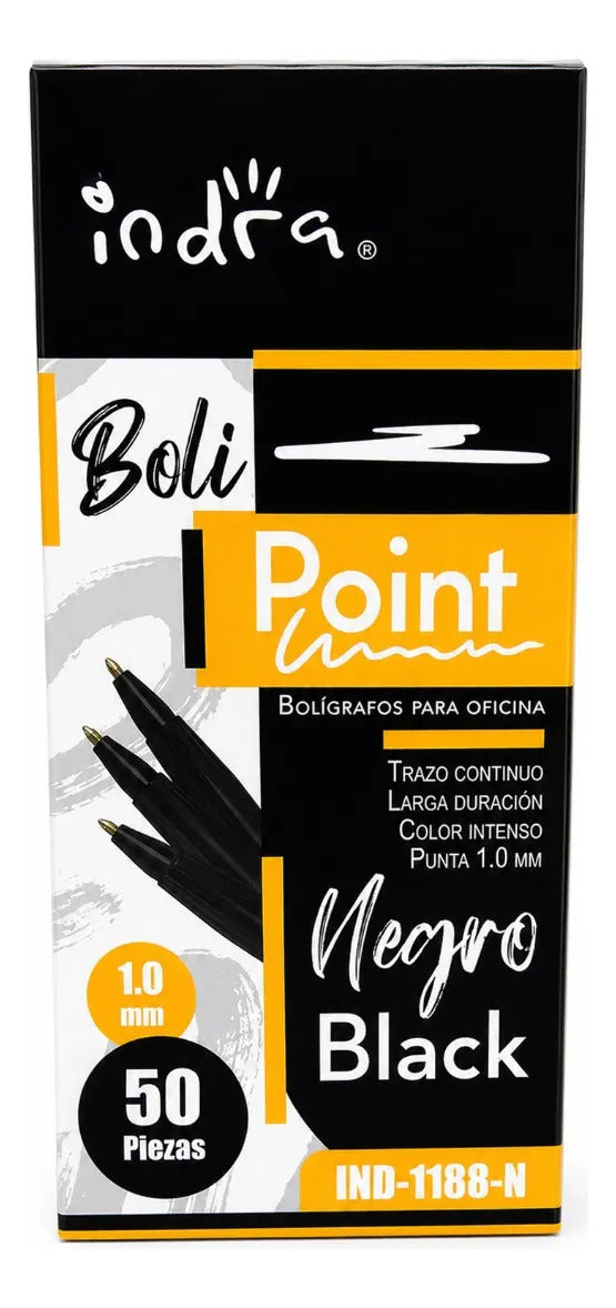 Plumas Indra Escolar Tinta Negra Punta 1.0 Mm Caja 50 Piezas