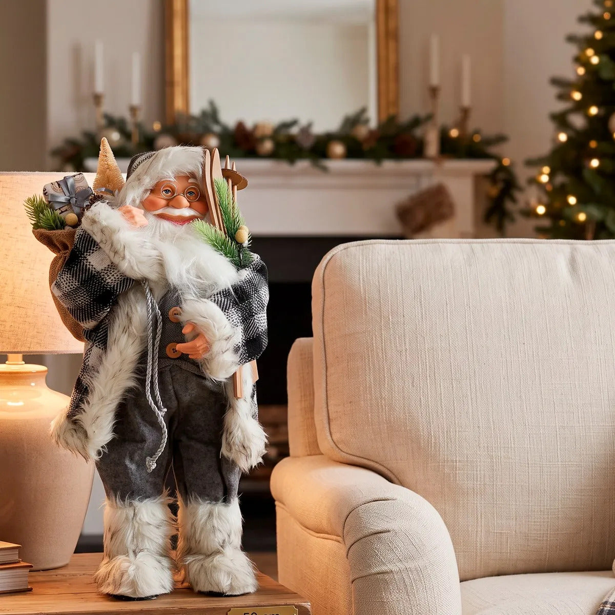 Santa Claus Lluvia Estilo Bosque Nevado con Esquís 60 cm