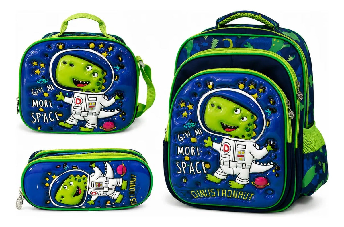 Set Tres Piezas Escolar Dinosaurio Mochila Lonchera Lapicera