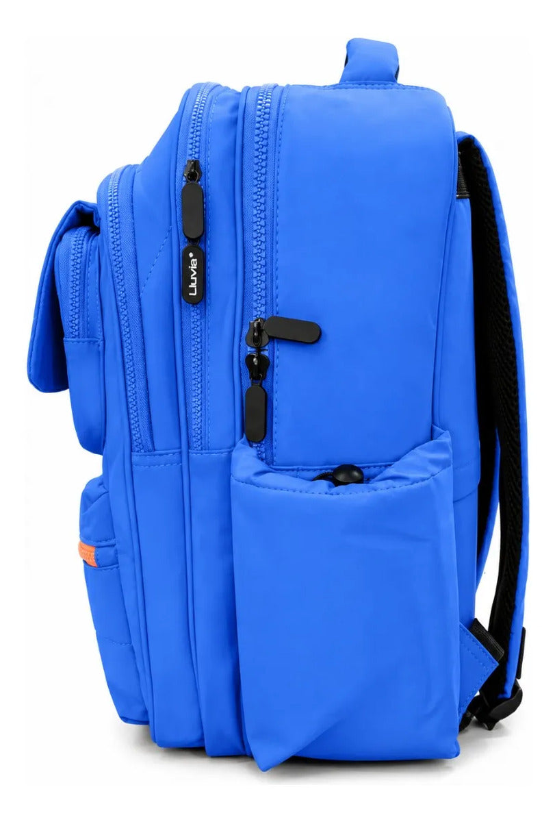 Mochila Escolar Lluvia Azul Con Detalles Naranja Repelente
