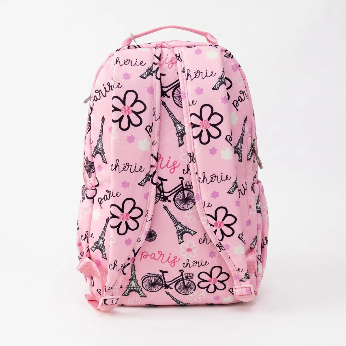 Mochila Escolar Lluvia Rosa Diseño Torre Eiffel Y Bicicletas