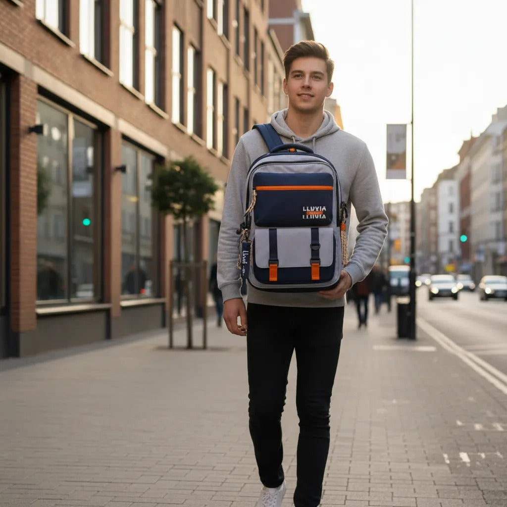 Mochila Juvenil Lluvia Azul Gris Con Detalles Naranja