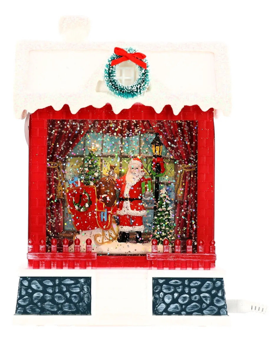 Lámpara Navideña Casita Roja Efecto Nieve Santa Claus 19 cm