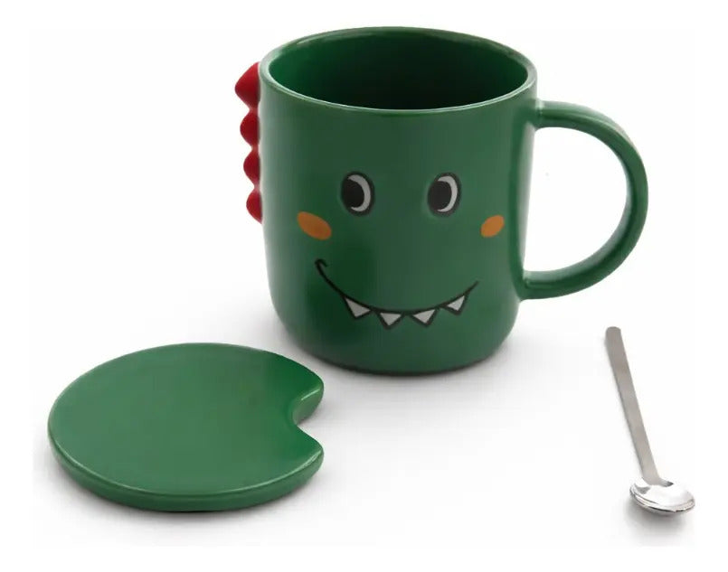Taza Kawaii Dinosaurio Colores Rosa Verde Y Amarillo 350 Ml
