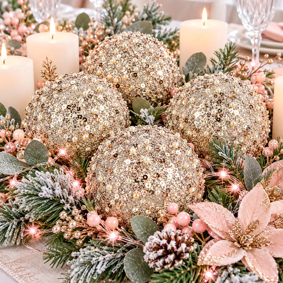 Set Esferas Navideñas lluvia Champagne Con Perlas 6 Piezas