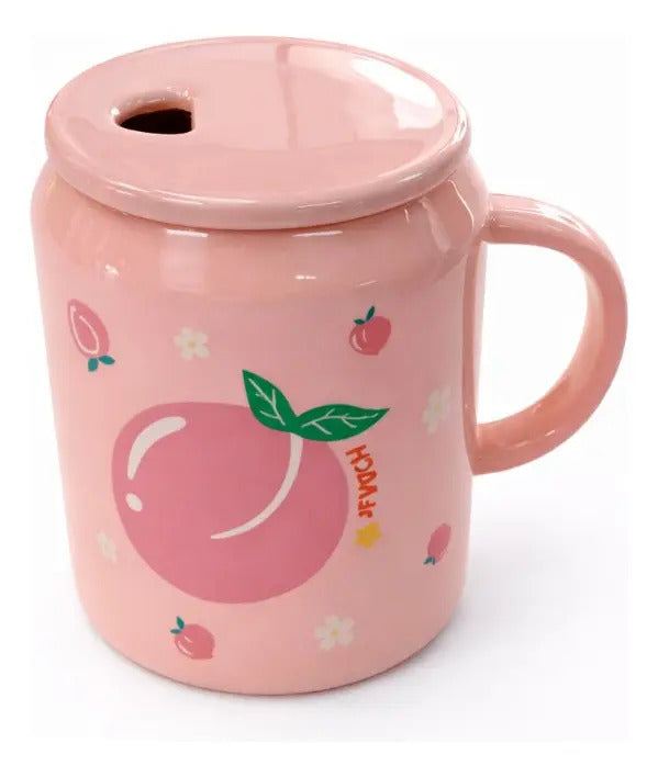 Taza Frutal Con Tapa Y Popote De Cristal 400 Ml