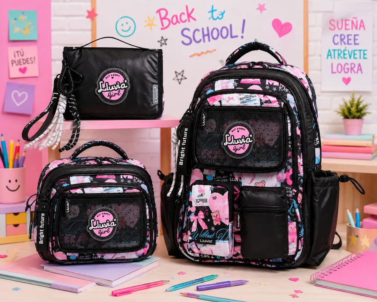 Set Mochila Tres Piezas Lluvia Girl Con Bolsillo Antirrobo